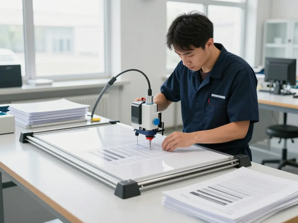 Kỹ thuật viên chuyên nghiệp sử dụng công nghệ không lực để bóc ép plastic trong một xưởng làm việc sáng tỏ