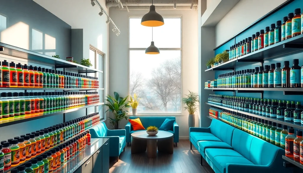 Shop interior of Vape Juice Depot featuring colorful vape juice bottles and cozy seating.