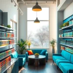 Shop interior of Vape Juice Depot featuring colorful vape juice bottles and cozy seating.