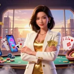 Nego77 showcases an elegant Asian woman confidently playing in a vibrant casino scene with dynamic slot games.