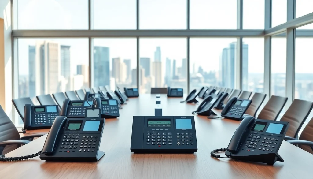 Explore office phone systems on an organized conference table in a bright office.