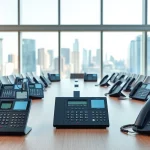 Explore office phone systems on an organized conference table in a bright office.