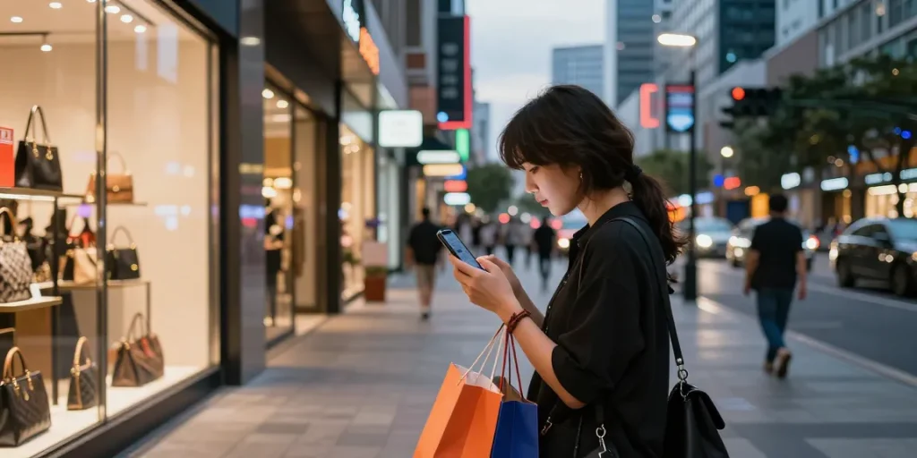 Engaging urban shopping scene featuring a person exploring a 레플리카 쇼핑몰 on a mobile device amid stylish storefronts.