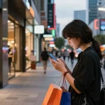Engaging urban shopping scene featuring a person exploring a 레플리카 쇼핑몰 on a mobile device amid stylish storefronts.