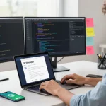 Developer using GB WhatsApp on laptop in a modern workspace, showcasing coding and collaboration.