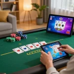 Player enjoying an online poker game on mk8 tablet with engaging graphics and cozy atmosphere