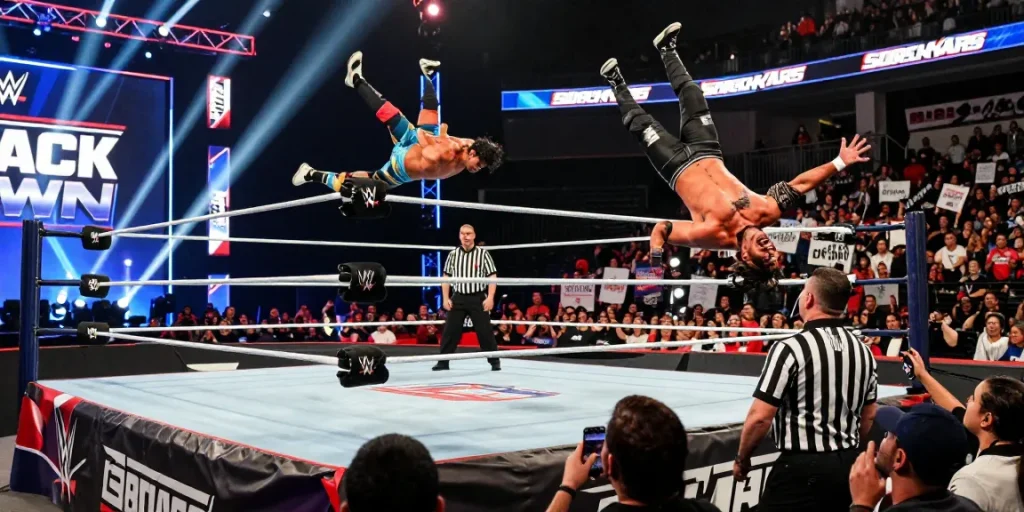 wwe smackdown match scene with Superstars battling in the ring, energetic crowd and bright arena lights
