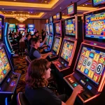 Spinning slot machines showcasing vibrant gameplay and excited players in a lively casino setting