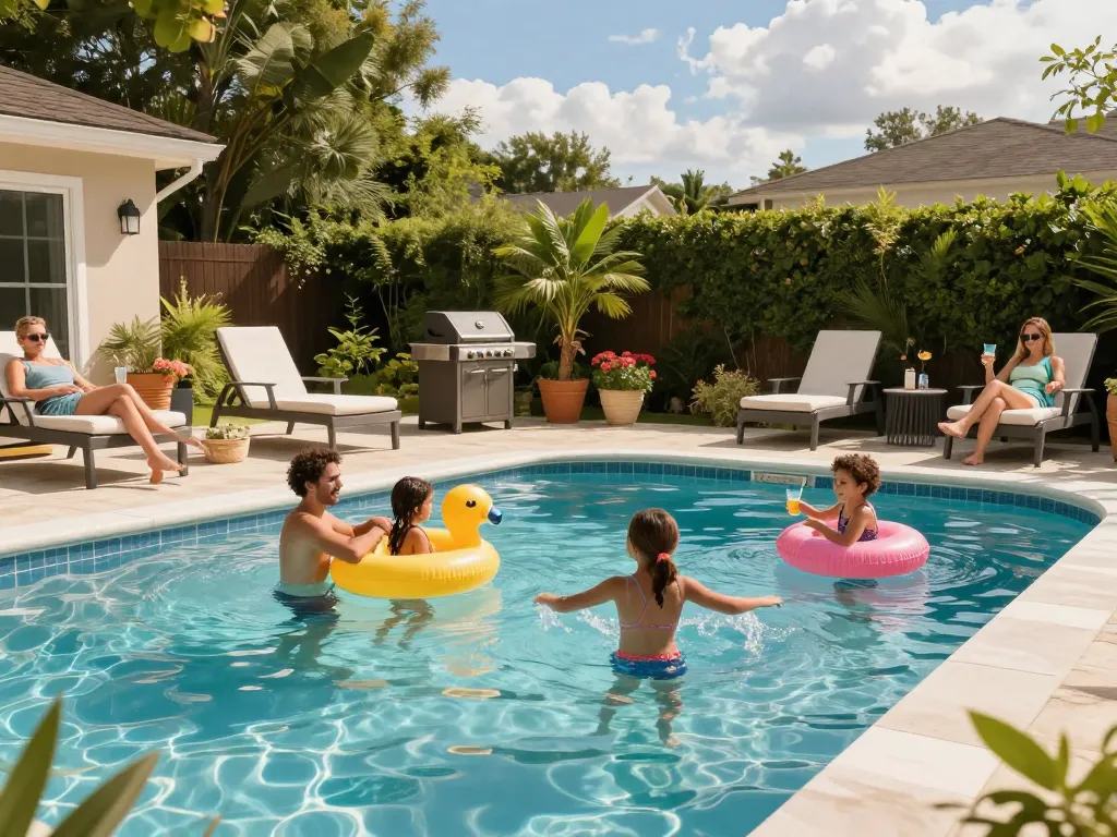 Dolphin Pool Services creating a joyful family atmosphere by the clear pool on a sunny day.