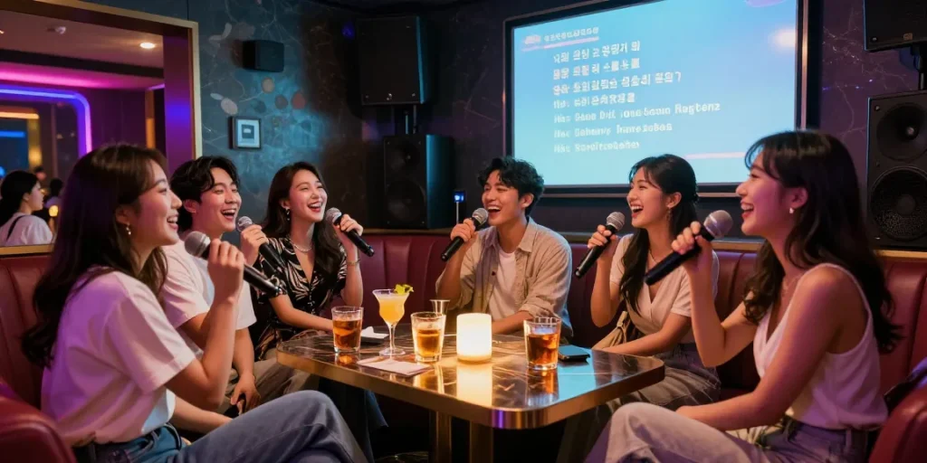 Enjoying 제주유흥 nightlife with friends in a karaoke room filled with drinks and vibrant decor.