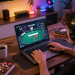 Engaging in an IDCASH88 Login session at home with a detailed poker interface on the screen.