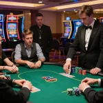 Engaging moment of gojekpot players in a casino, enjoying a dynamic poker game with colorful chips.