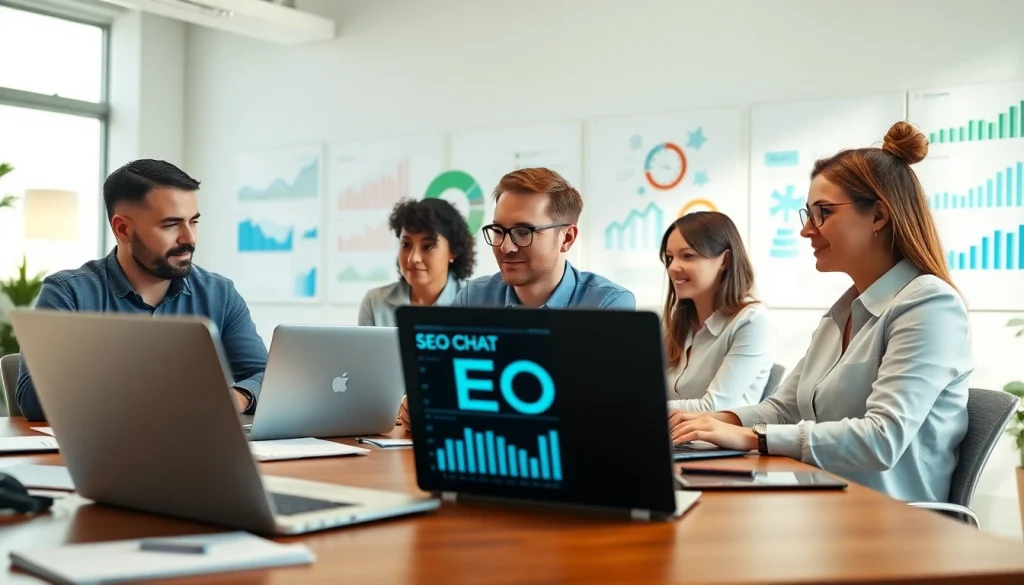 Team brainstorming strategies for seo chat gpt optimization in a bright office