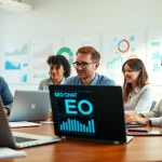 Team brainstorming strategies for seo chat gpt optimization in a bright office