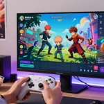 Engaging gaming environment with Status AI characters and vibrant social media elements.