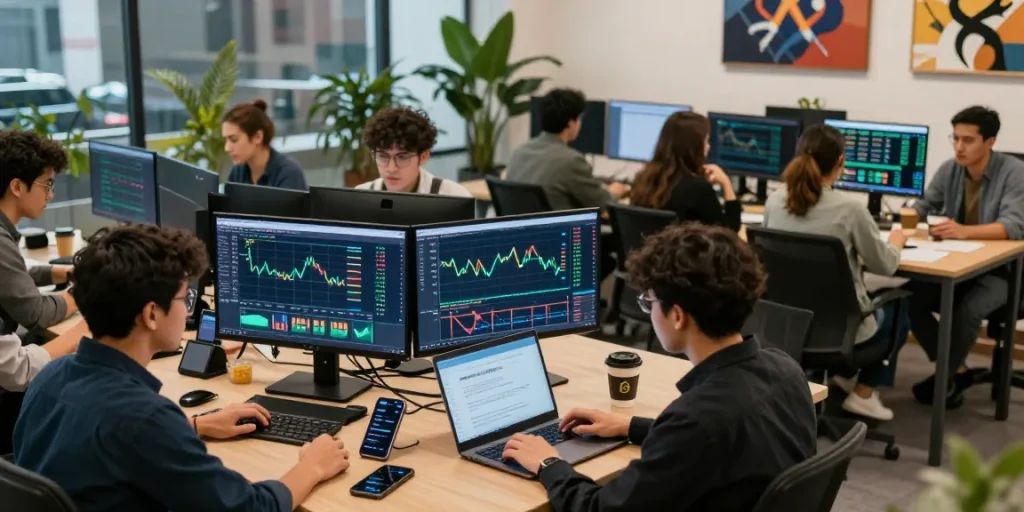 Engaging cloud mining without hardware scene in a contemporary crypto workspace with traders analyzing digital assets and using blockchain technology.