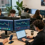 Engaging cloud mining without hardware scene in a contemporary crypto workspace with traders analyzing digital assets and using blockchain technology.
