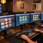 Engaging with Fun88's online casino through a sleek multi-monitor setup showcasing vibrant gaming options