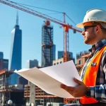 Manhattan General Contractor reviewing blueprints at a bustling construction site in Manhattan.