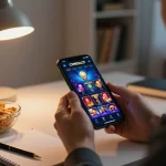 CEMESLOT gaming on smartphone with mobile app interface in a cozy home setting