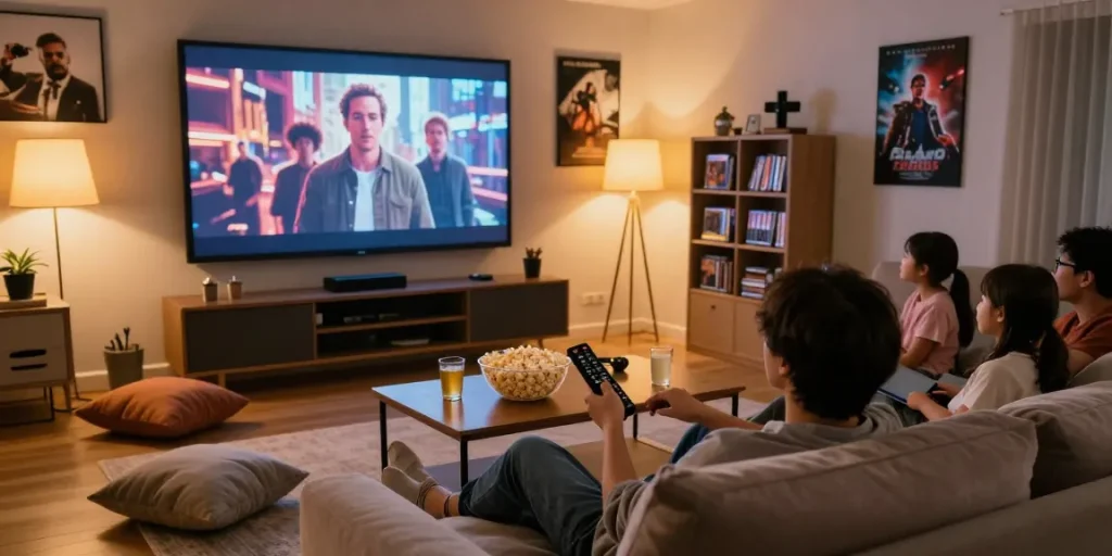 Pikashow streaming movie night with family on a cozy sofa, popcorn and drinks present