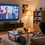 Pikashow streaming movie night with family on a cozy sofa, popcorn and drinks present