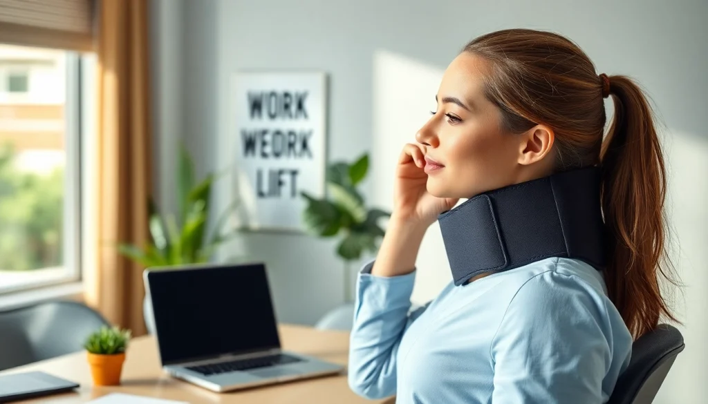Model demonstrating proper posture with posture brace while working in a bright office environment.