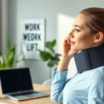 Model demonstrating proper posture with posture brace while working in a bright office environment.