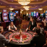Luck8 players engaging at the roulette table in an exciting casino atmosphere, vibrant and colorful