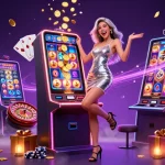 Situs Poker Dominobet offers thrilling action with a celebratory Asian woman in a vibrant casino setting.