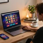 Engaging in NEGO77 online gaming from a stylish home desk, person focused on laptop with casino interface.
