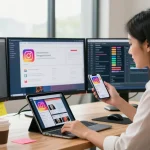 Buy Instagram views with a marketing professional analyzing social metrics in a vibrant workspace.