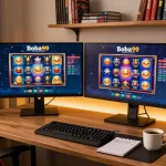 Gameplay kasino online Boba99 pada pengaturan permainan modern dengan slot yang berwarna-warni ditampilkan.