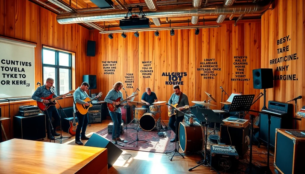 Showcasing collaboration in a music pr agency with dynamic musicians creating in a studio.