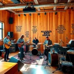 Showcasing collaboration in a music pr agency with dynamic musicians creating in a studio.