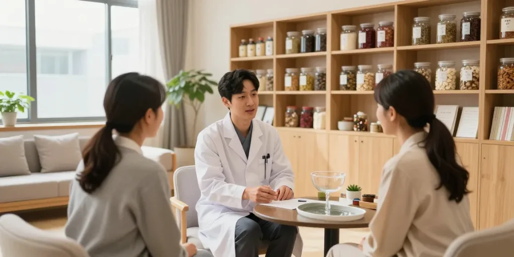 Consultation at 수원한의원 featuring warm and inviting healthcare atmosphere, highlighting personalized patient care.