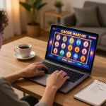 Engaging in slot gacor hari ini gameplay on a laptop, showcasing colorful online casino graphics and a relaxed home environment.