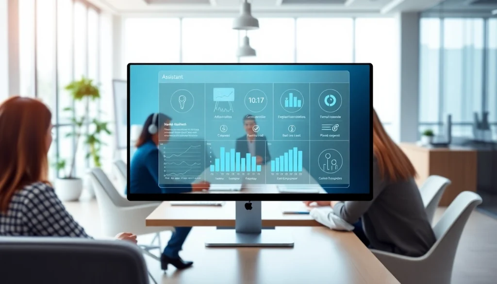 Showcase of an enterprise assistant interface in a collaborative office environment.