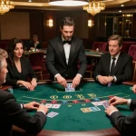 Excited players at O8 casino's blackjack table, betting in a luxurious setting.