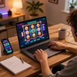 JPTOTO player enjoying online slots at home with vibrant settings and strategy notes.