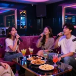 Experience 강남가라오케 with friends in a vibrant, stylish room featuring cocktails and plush seating.