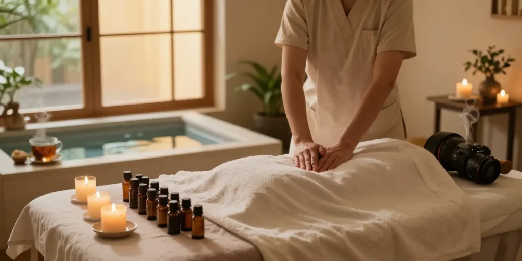 Swedish massage setup with essential oils and calming floral decor in serene spa