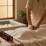 Swedish massage setup with essential oils and calming floral decor in serene spa
