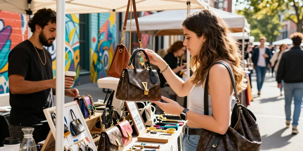 Young woman exploring stylish 레플리카 accessories in a trendy urban market.