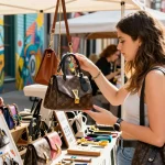 Young woman exploring stylish 레플리카 accessories in a trendy urban market.