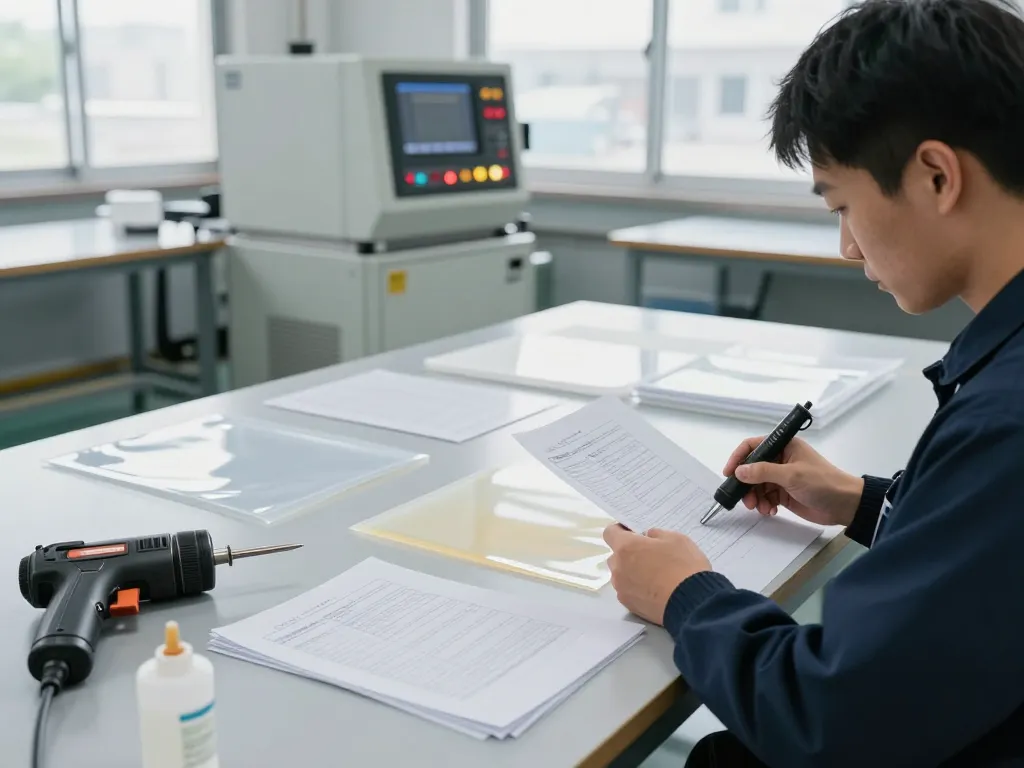 Professional technician performing bóc ép plastic on laminated documents with precision tools in a clean workshop.