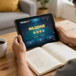 PULSASLOT player strategizing online gaming at home with tablet and notes.