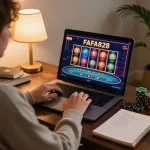 Engaged player using FAFA828 laptop for online casino gaming, surrounded by a cozy home setting.