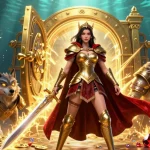 Experience the thrill of Jun88 online gaming with a warrior queen, treasure, and casino elements.