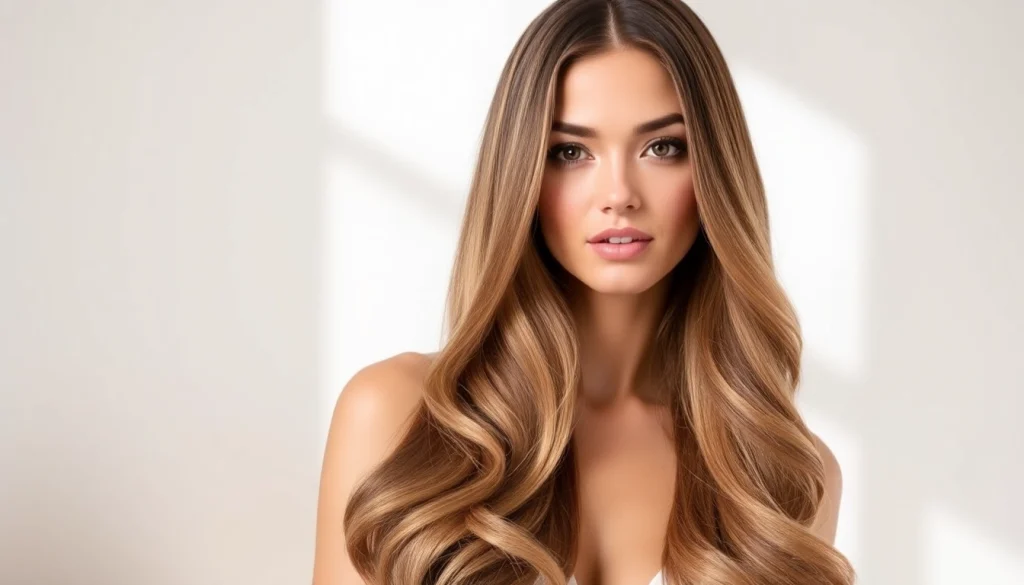 Model displaying invisi edge clip in hair extensions in a bright studio for a seamless look.